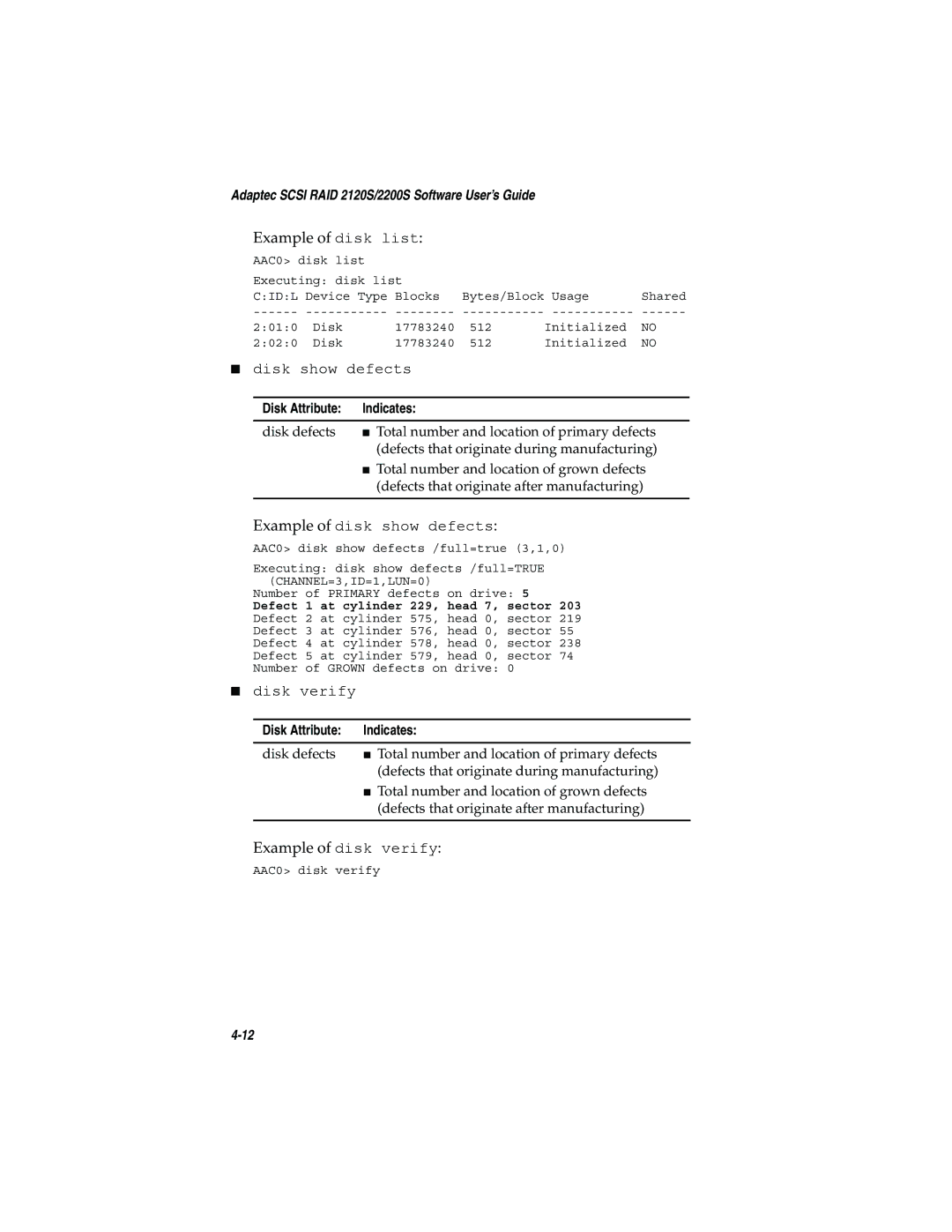 Adaptec 2120S, 2200S manual Example of disk verify 