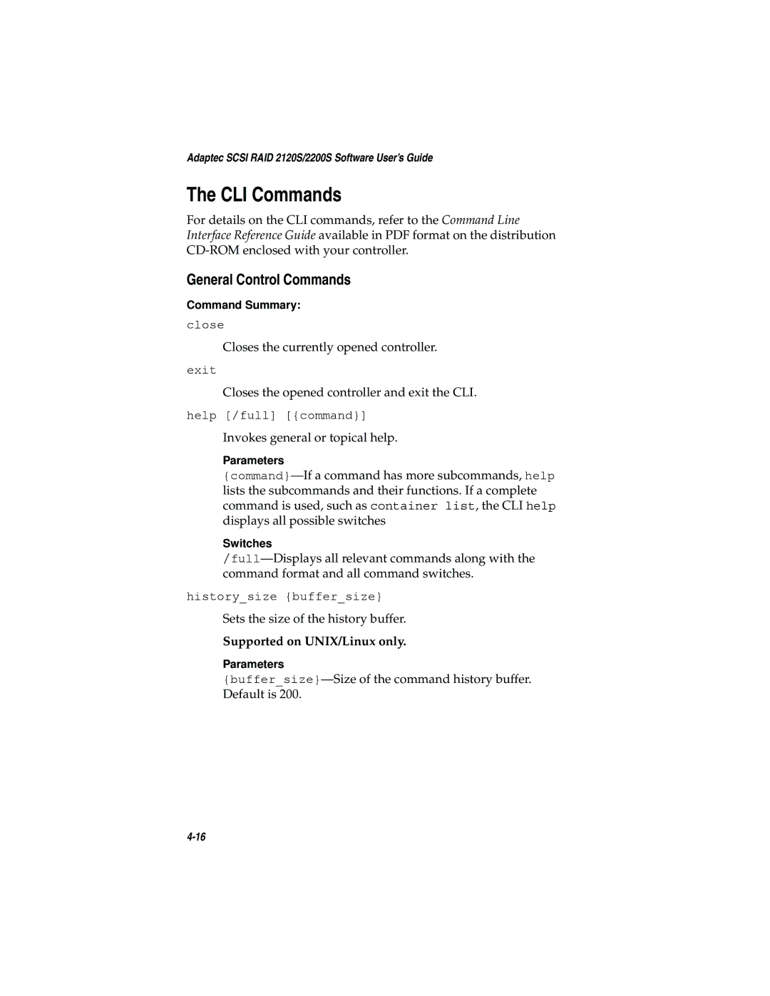 Adaptec 2120S, 2200S manual CLI Commands, General Control Commands 