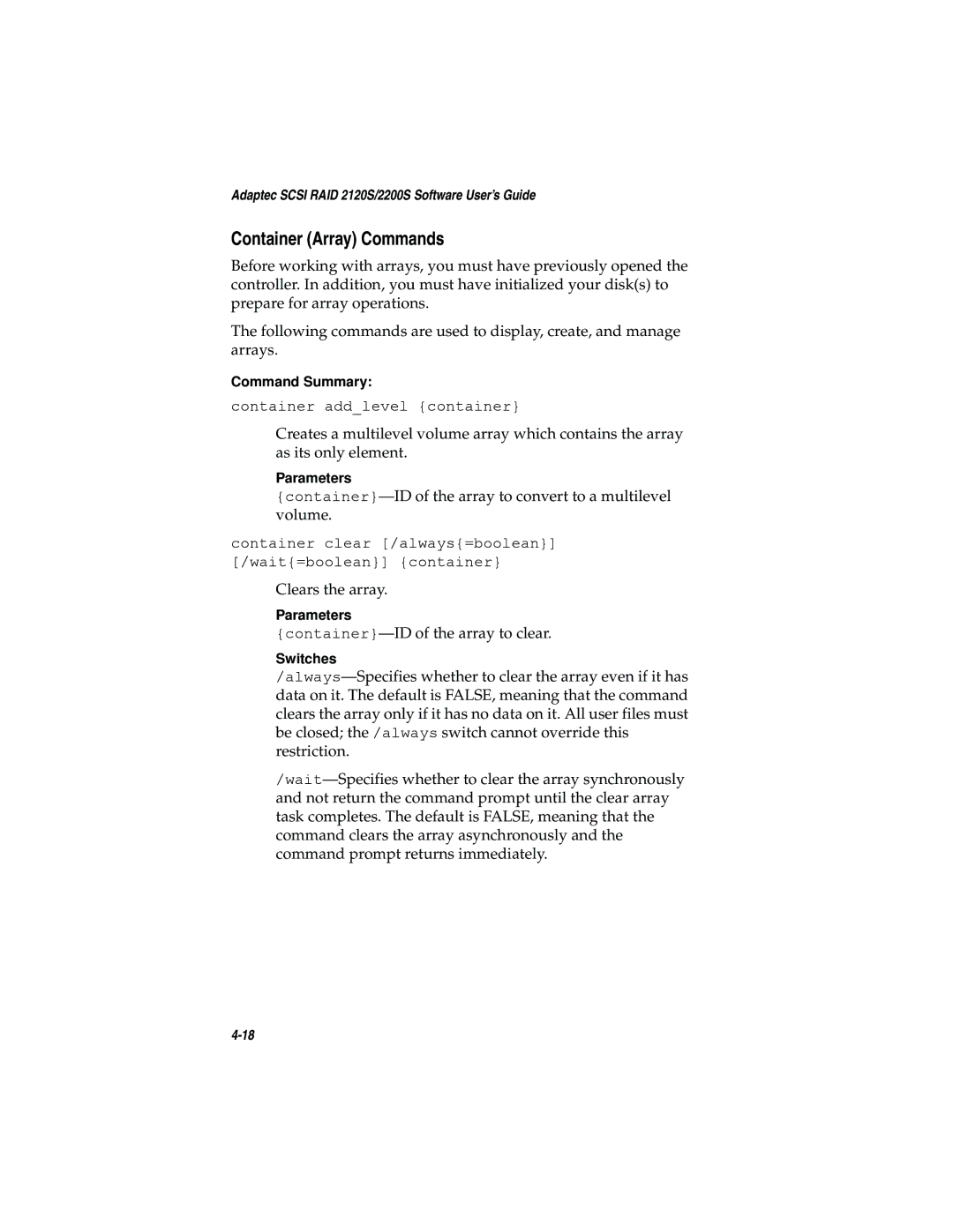 Adaptec 2120S, 2200S manual Container Array Commands 