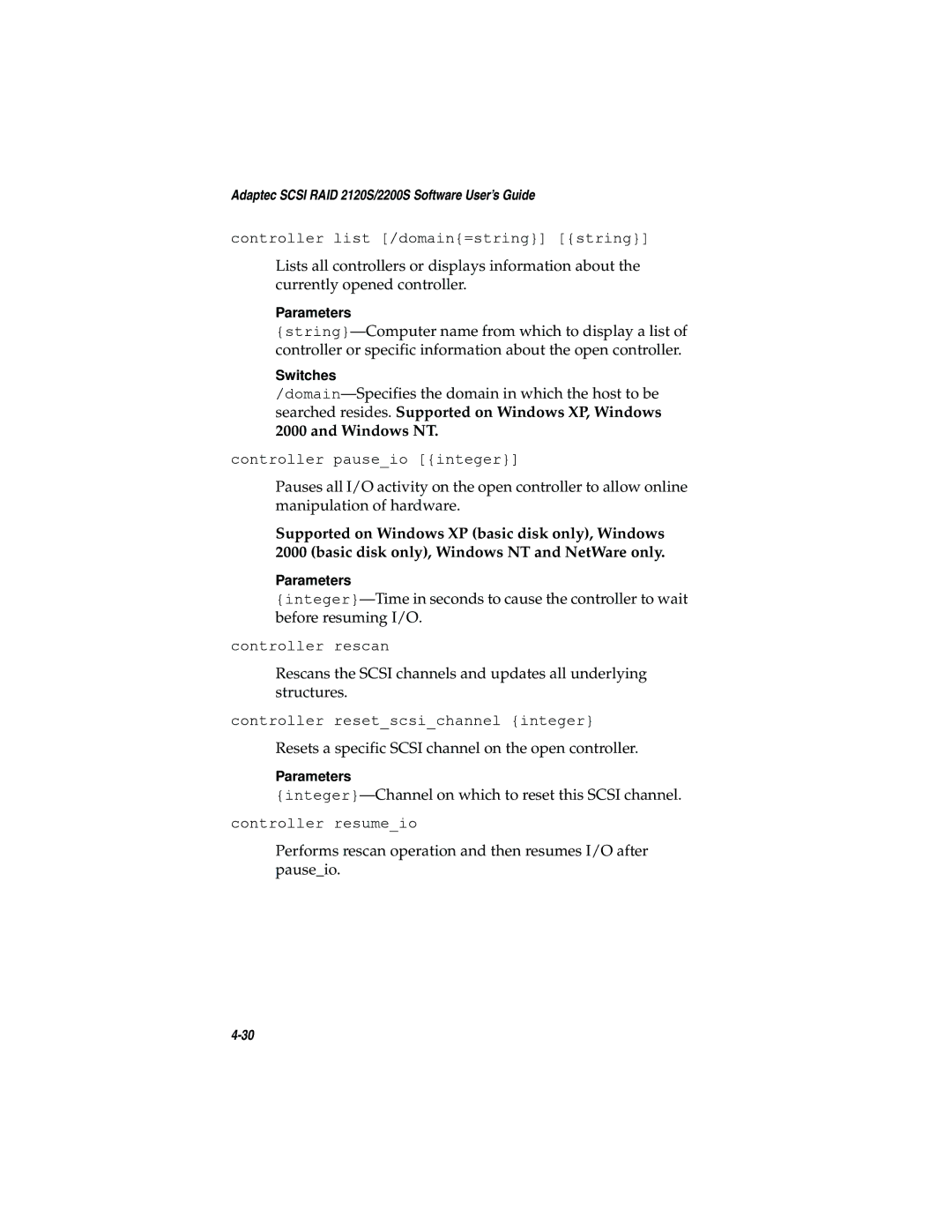 Adaptec 2120S, 2200S manual Resets a specific Scsi channel on the open controller 