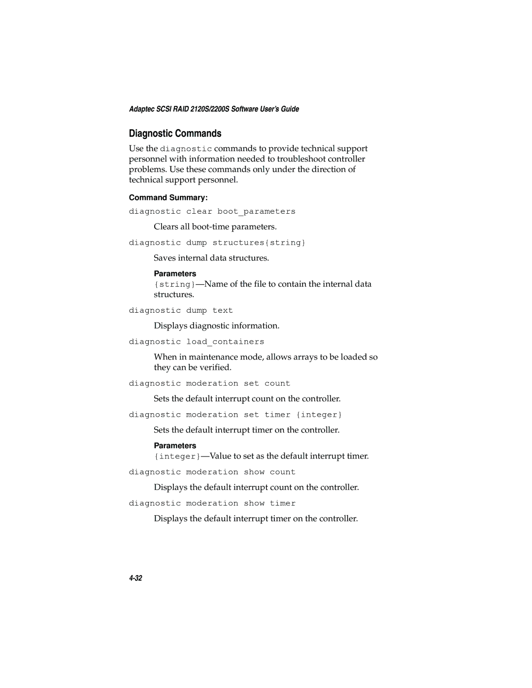 Adaptec 2120S, 2200S manual Diagnostic Commands 