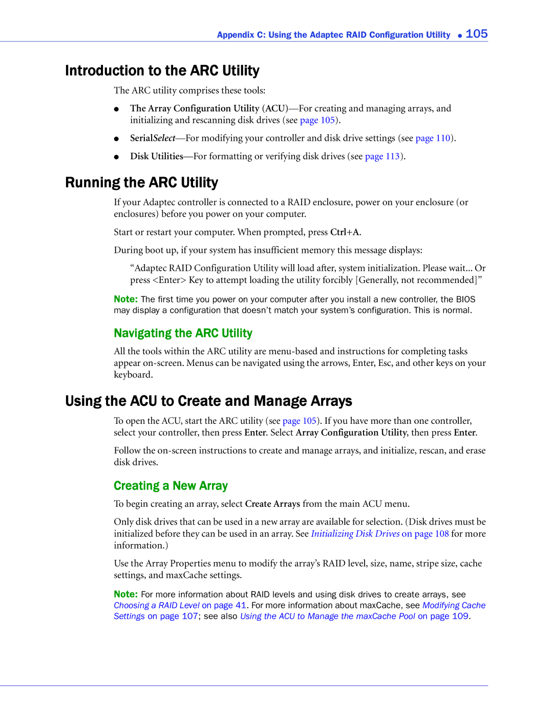 Adaptec 2268300R manual Introduction to the ARC Utility, Running the ARC Utility, Using the ACU to Create and Manage Arrays 