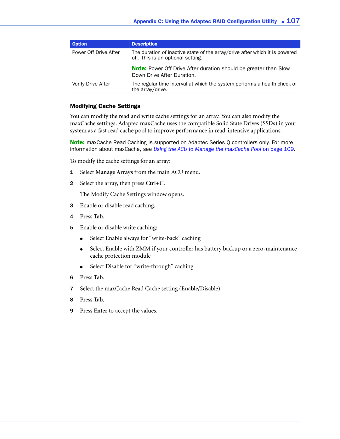 Adaptec 2268300R manual Modifying Cache Settings 