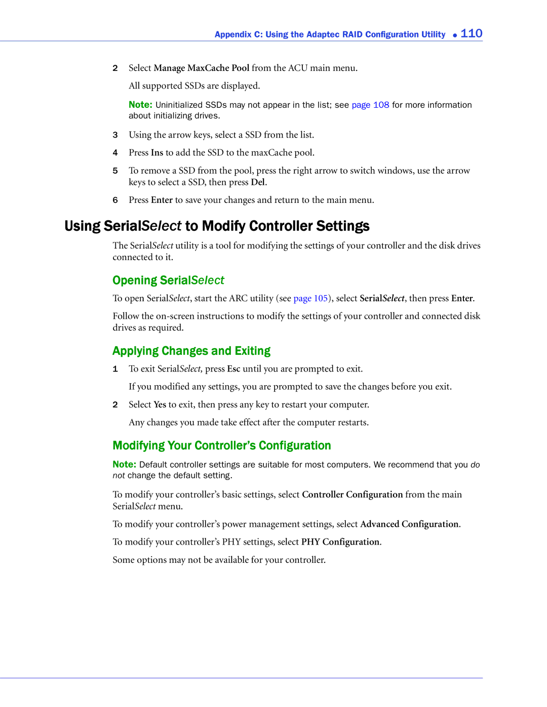 Adaptec 2268300R Using SerialSelect to Modify Controller Settings, Opening SerialSelect, Applying Changes and Exiting 