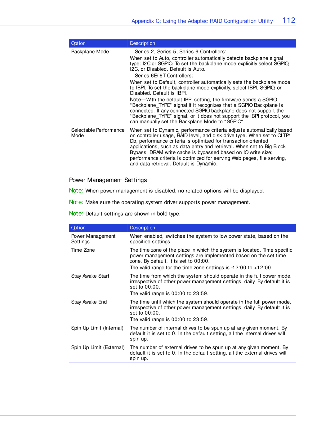 Adaptec 2268300R manual Power Management Settings 