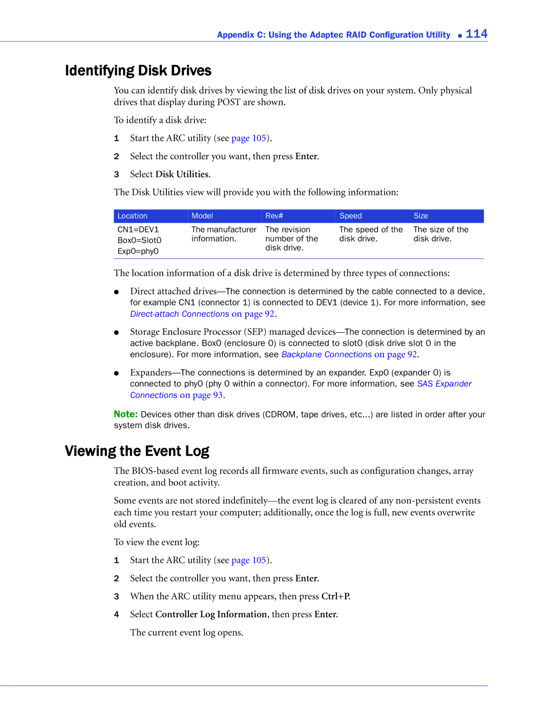 Adaptec 2268300R manual Identifying Disk Drives, Viewing the Event Log 