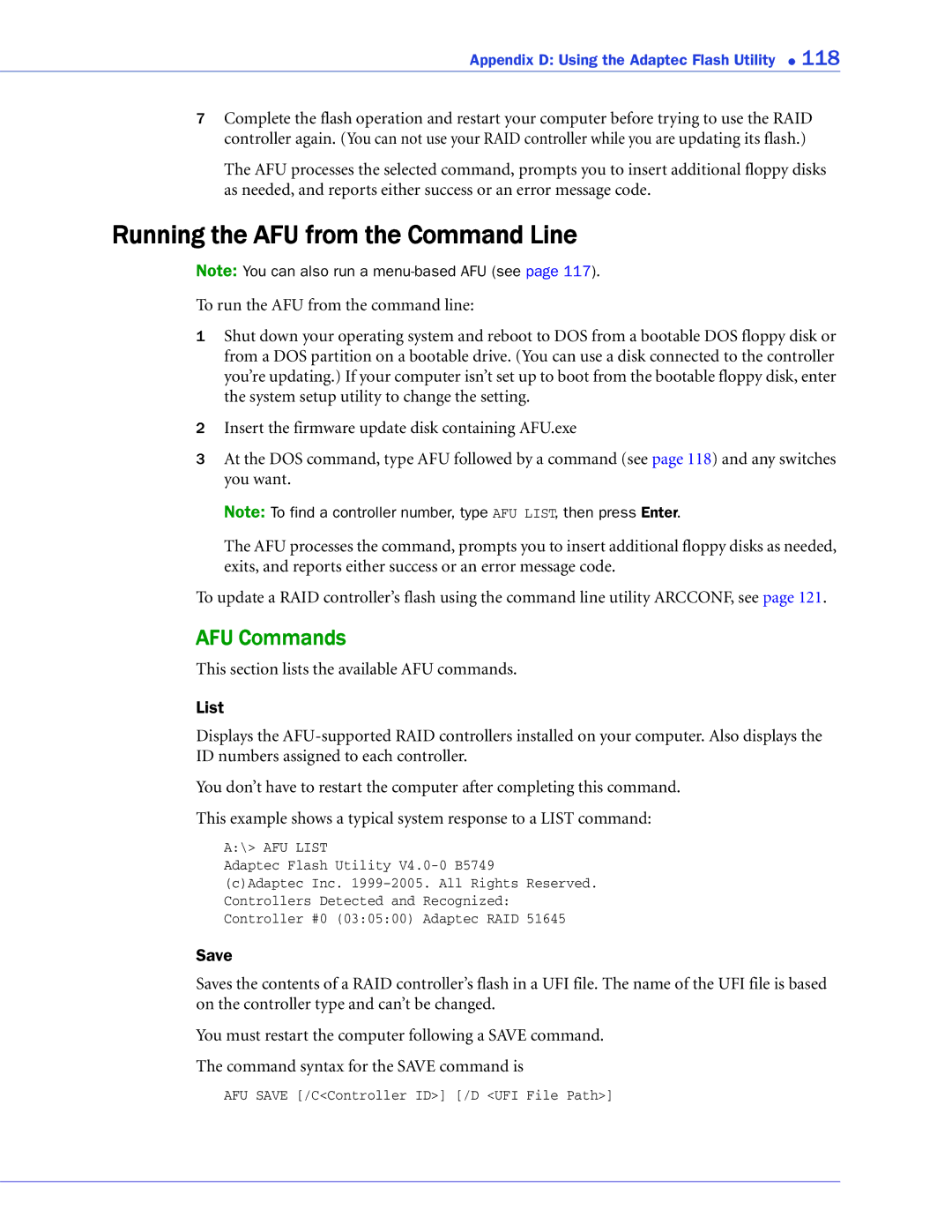 Adaptec 2268300R manual Running the AFU from the Command Line, AFU Commands 