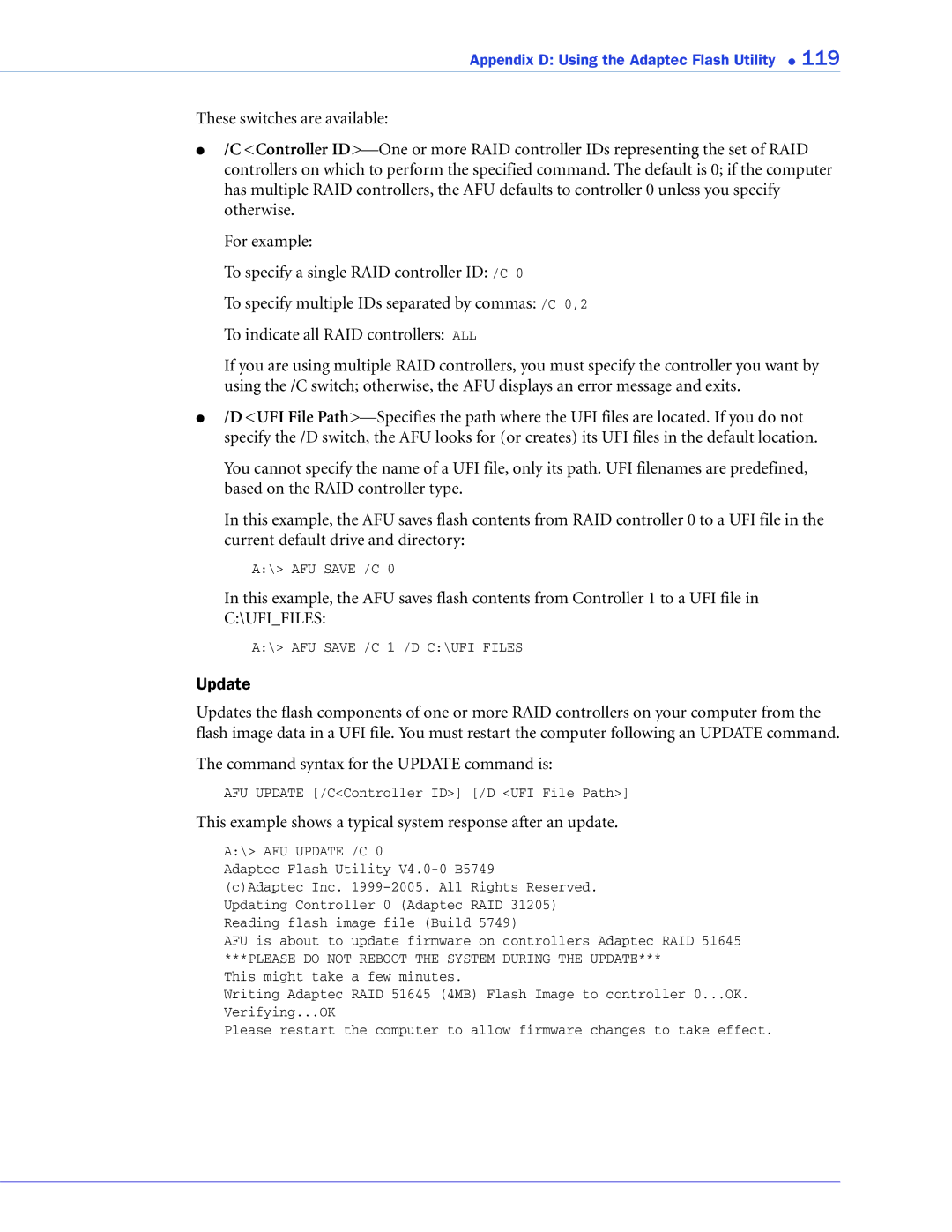 Adaptec 2268300R manual Command syntax for the Update command is 