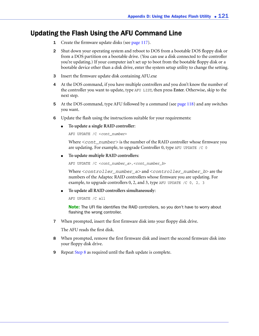 Adaptec 2268300R manual Updating the Flash Using the AFU Command Line, To update a single RAID controller 