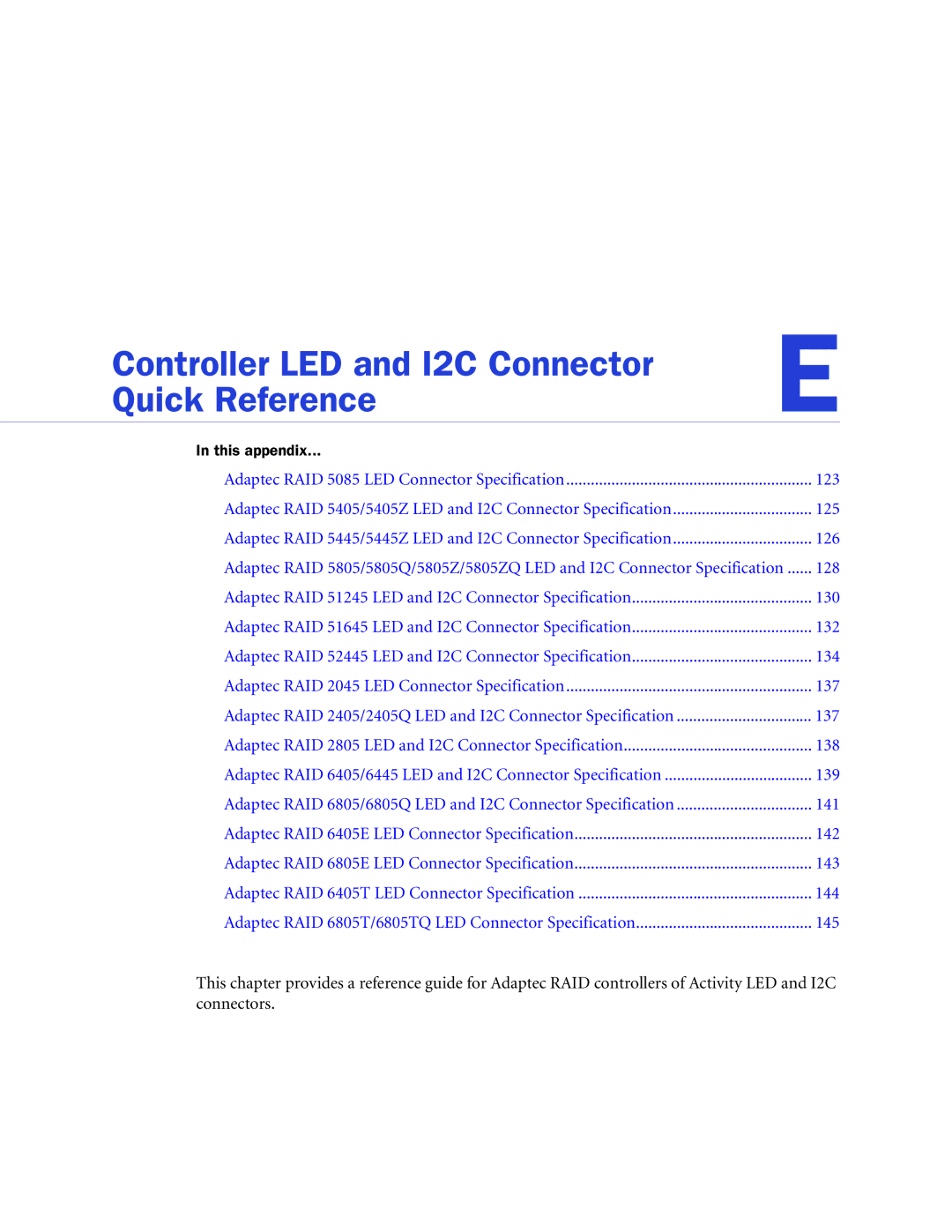 Adaptec 2268300R manual Controller LED and I2C Connector Quick Reference, 145 