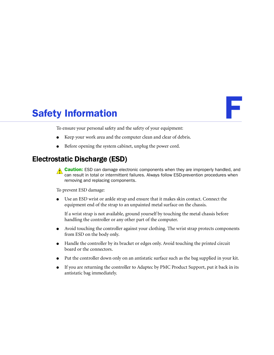 Adaptec 2268300R manual Safety Information, Electrostatic Discharge ESD 