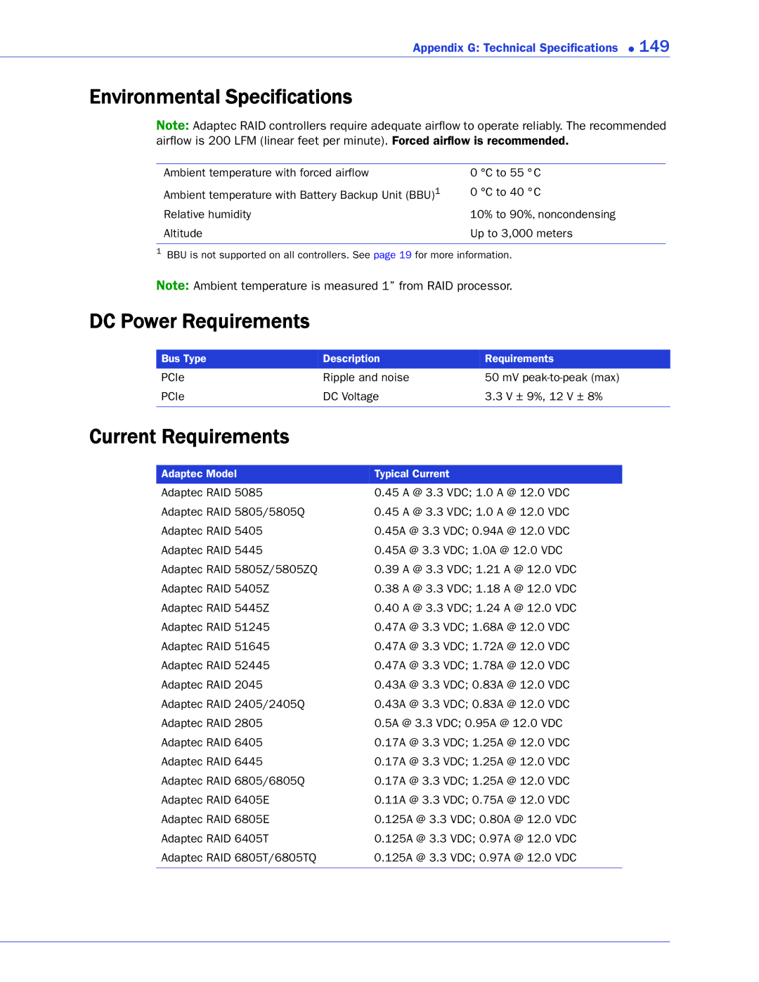 Adaptec 2268300R manual Environmental Specifications, DC Power Requirements, Current Requirements 