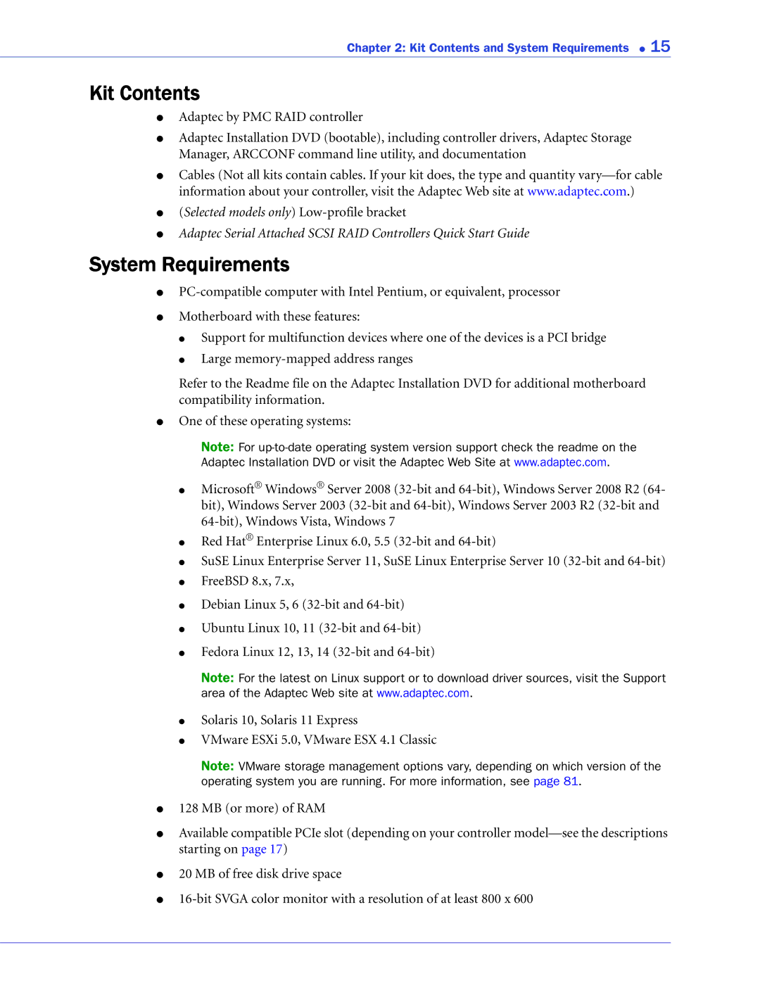 Adaptec 2268300R manual Kit Contents, System Requirements 