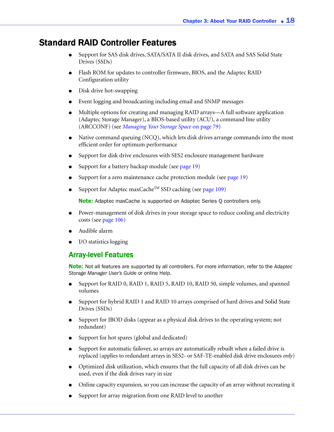 Adaptec 2268300R manual Standard RAID Controller Features, Array-level Features 
