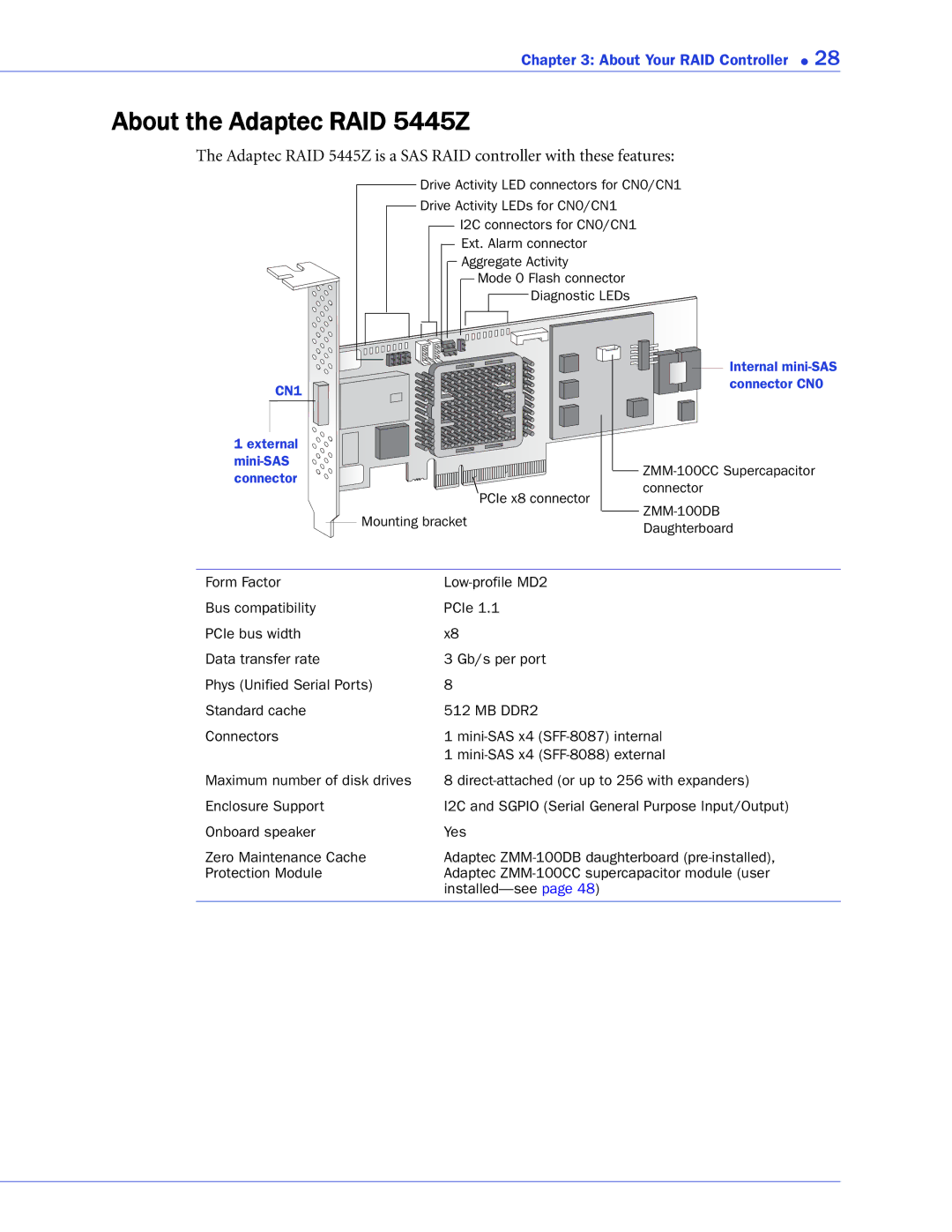 Adaptec 2268300R manual About the Adaptec RAID 5445Z 