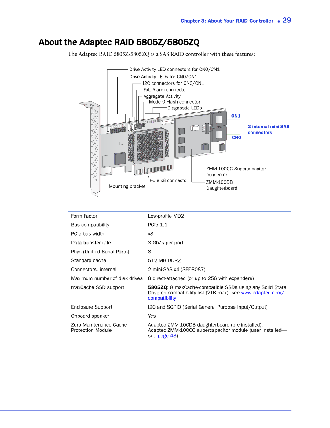 Adaptec 2268300R manual About the Adaptec RAID 5805Z/5805ZQ 