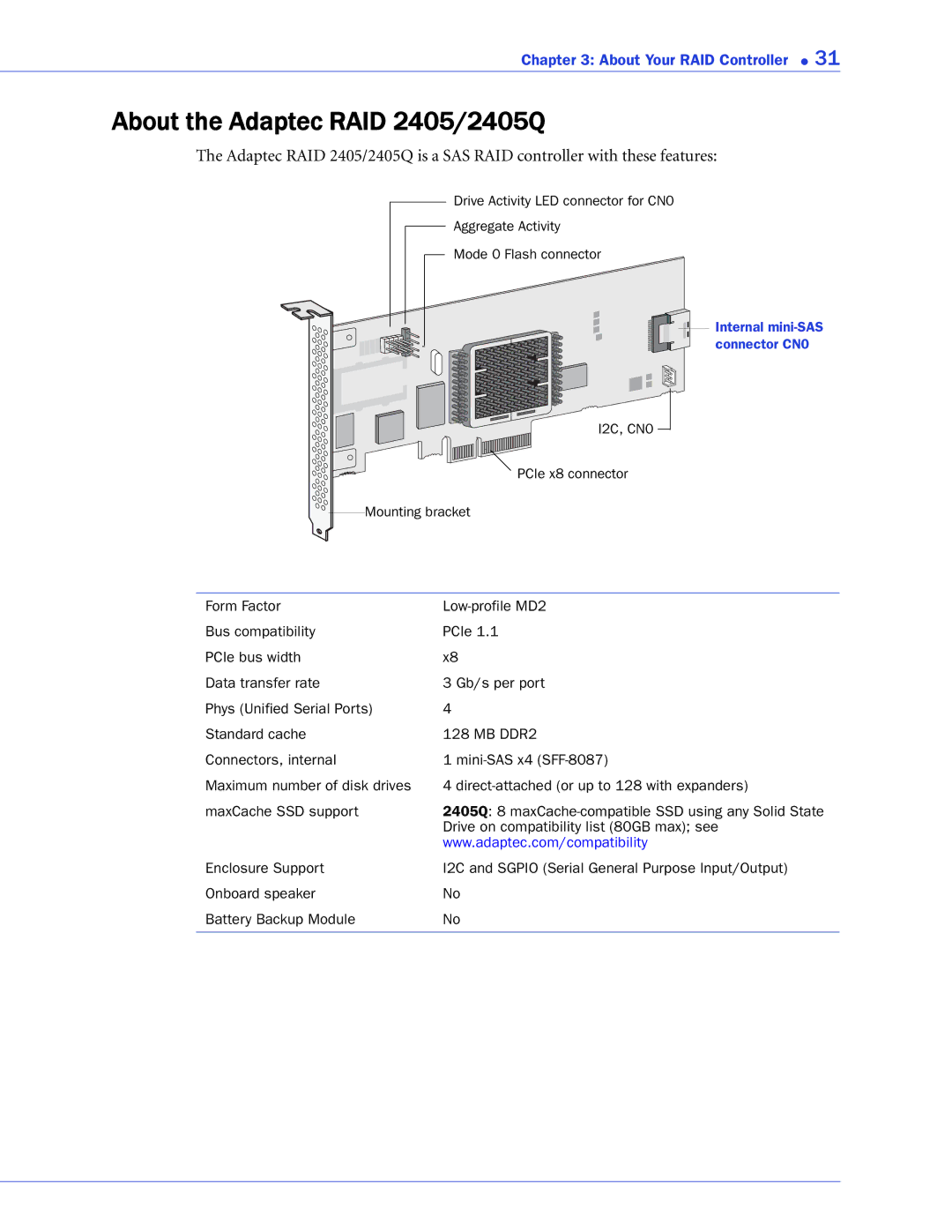 Adaptec 2268300R manual About the Adaptec RAID 2405/2405Q 