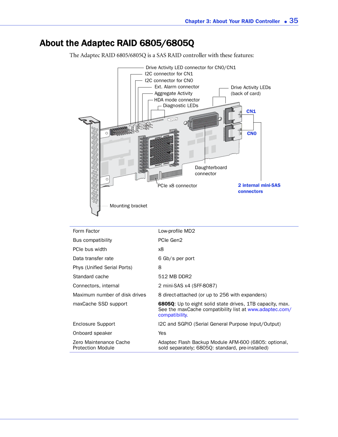 Adaptec 2268300R manual About the Adaptec RAID 6805/6805Q 