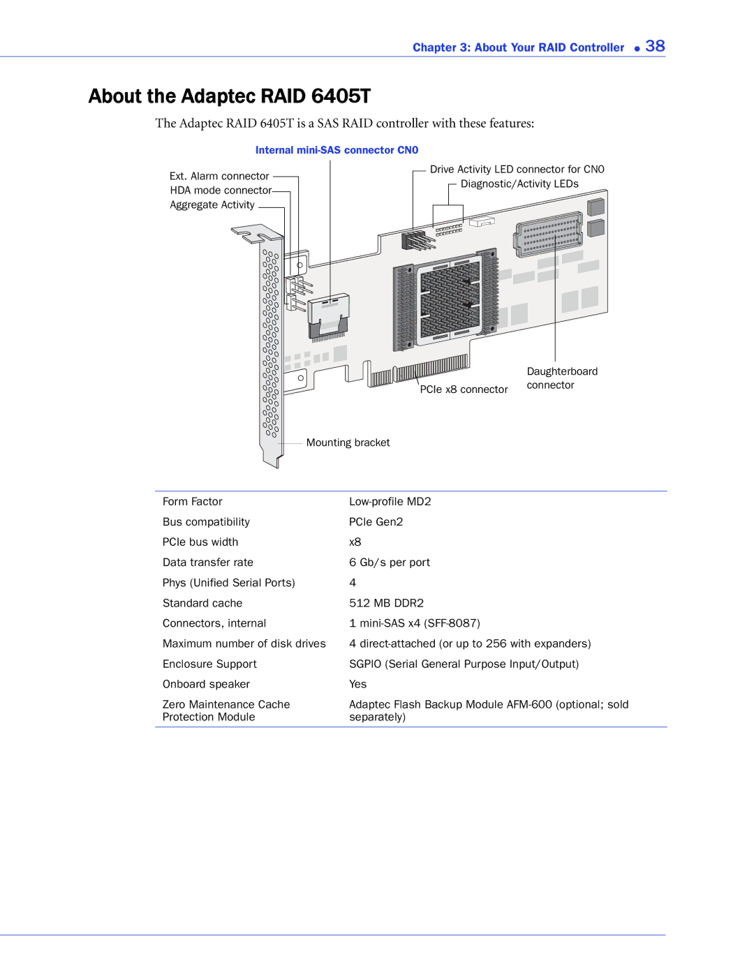 Adaptec 2268300R manual About the Adaptec RAID 6405T 