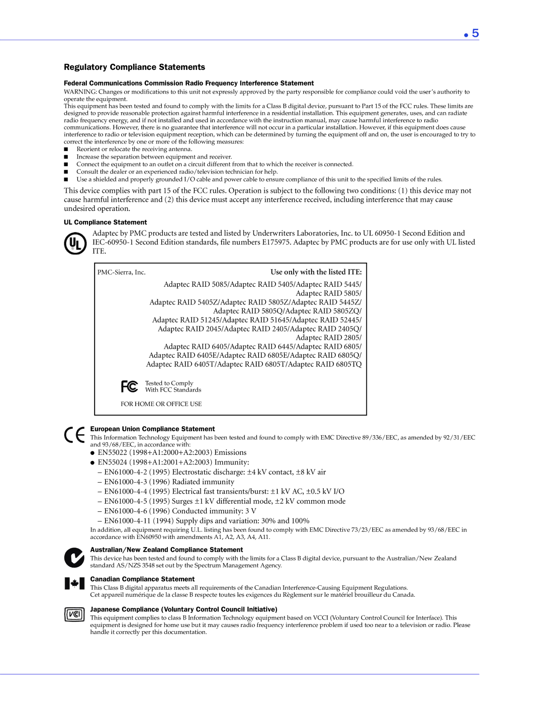 Adaptec 2268300R manual Regulatory Compliance Statements 