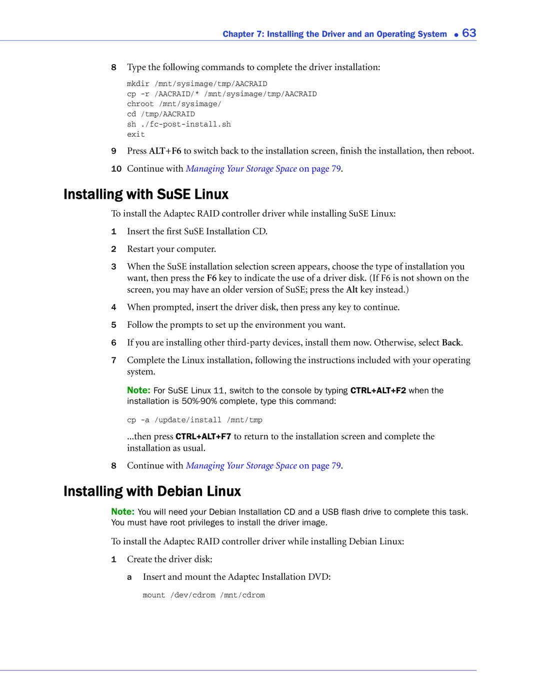 Adaptec 2268300R manual Installing with SuSE Linux, Installing with Debian Linux 