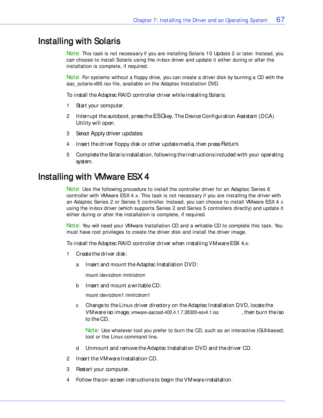 Adaptec 2268300R manual Installing with Solaris, Installing with VMware ESX 