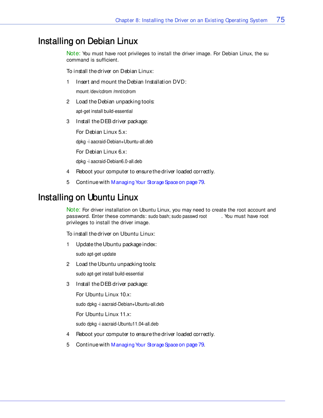 Adaptec 2268300R manual Installing on Debian Linux, Installing on Ubuntu Linux 