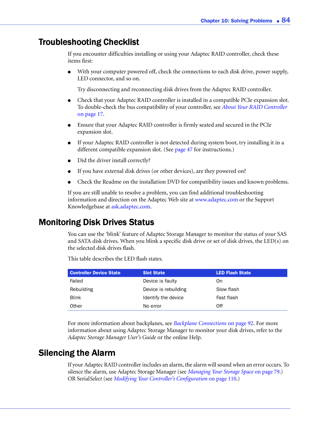 Adaptec 2268300R manual Troubleshooting Checklist, Monitoring Disk Drives Status, Silencing the Alarm 