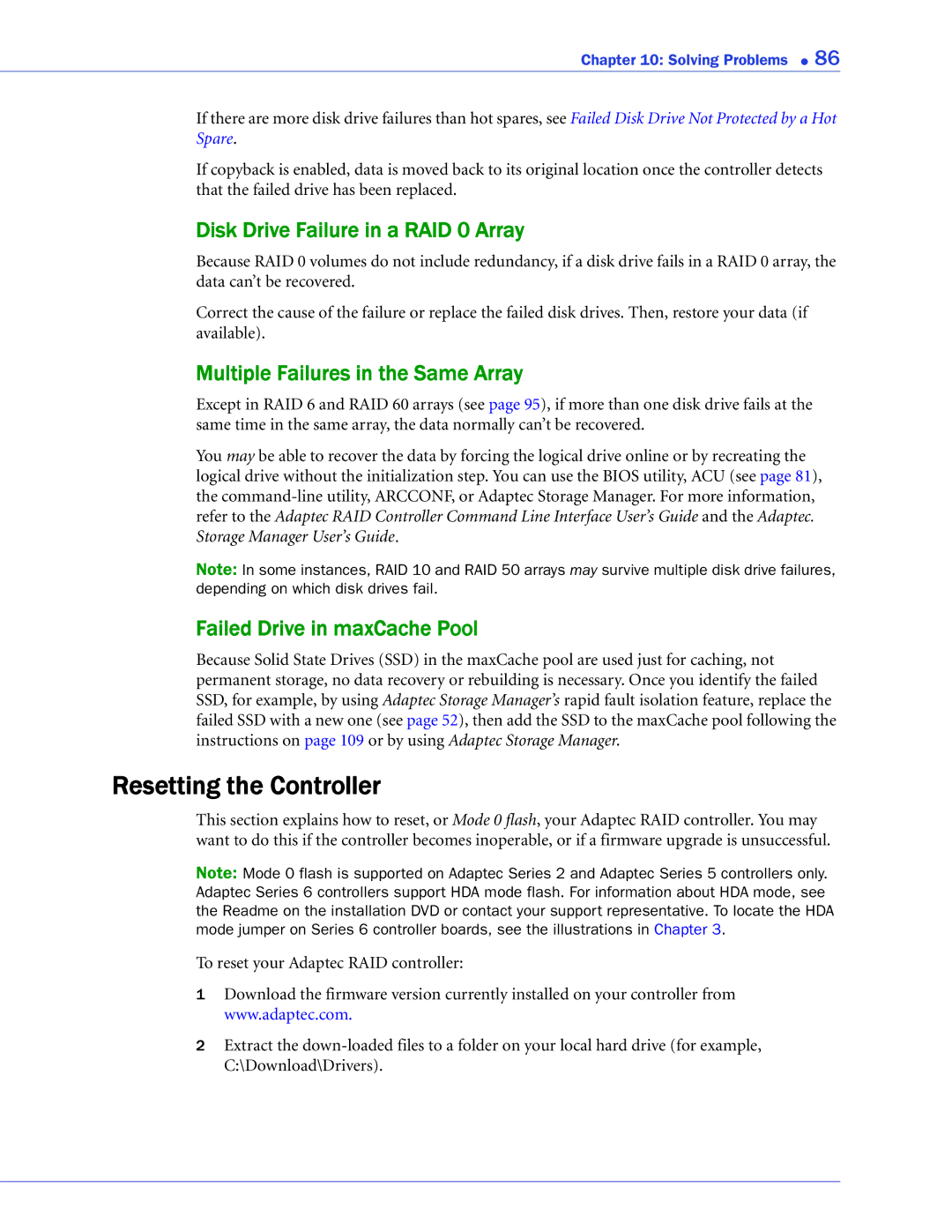 Adaptec 2268300R manual Resetting the Controller, Disk Drive Failure in a RAID 0 Array, Multiple Failures in the Same Array 