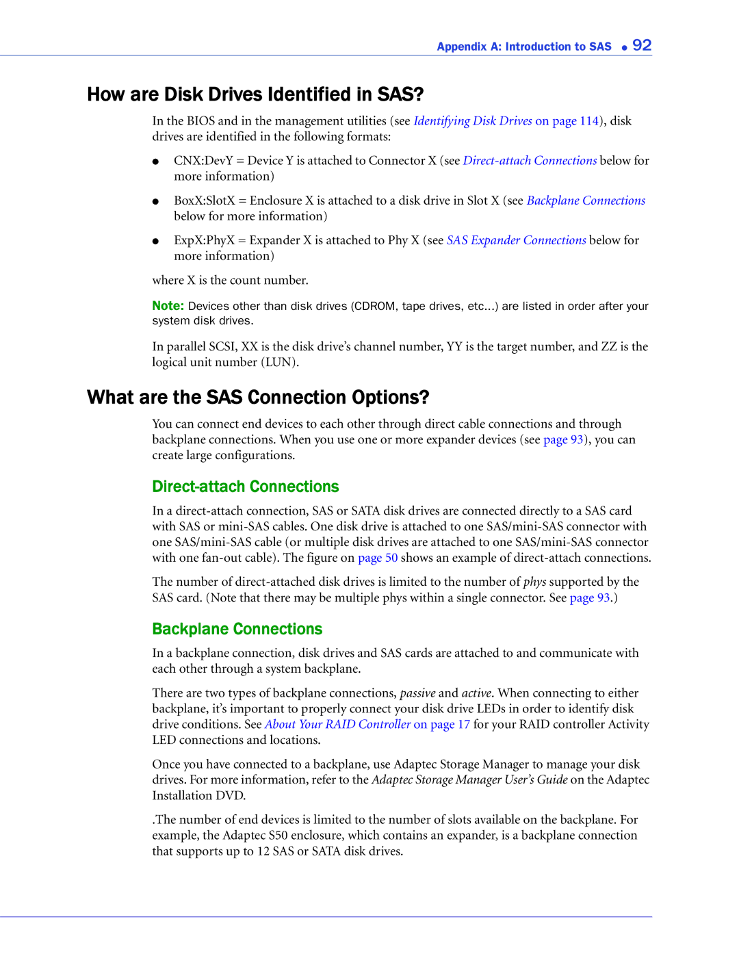 Adaptec 2268300R How are Disk Drives Identified in SAS?, What are the SAS Connection Options?, Direct-attach Connections 