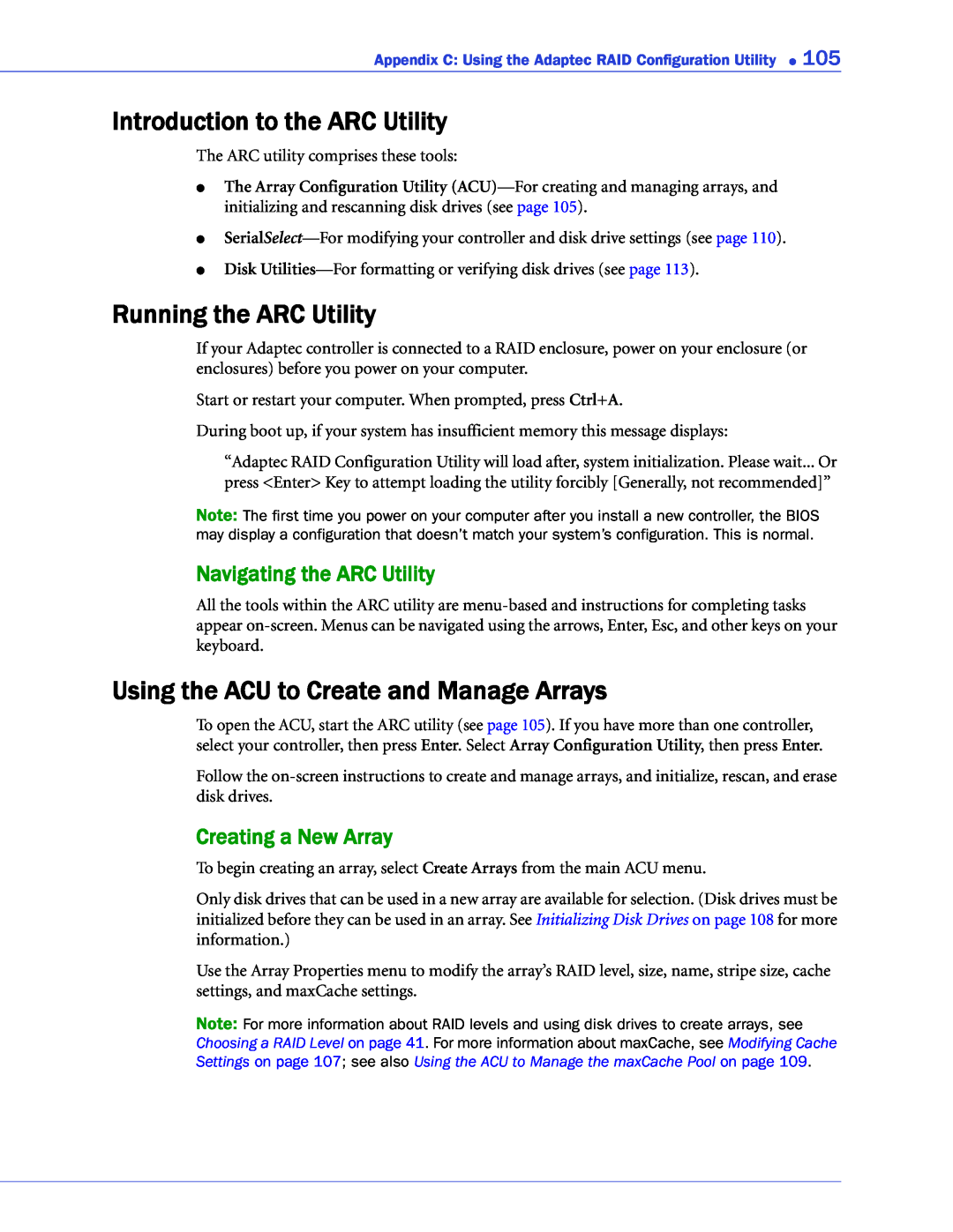 Adaptec 2268300R manual Introduction to the ARC Utility, Running the ARC Utility, Using the ACU to Create and Manage Arrays 