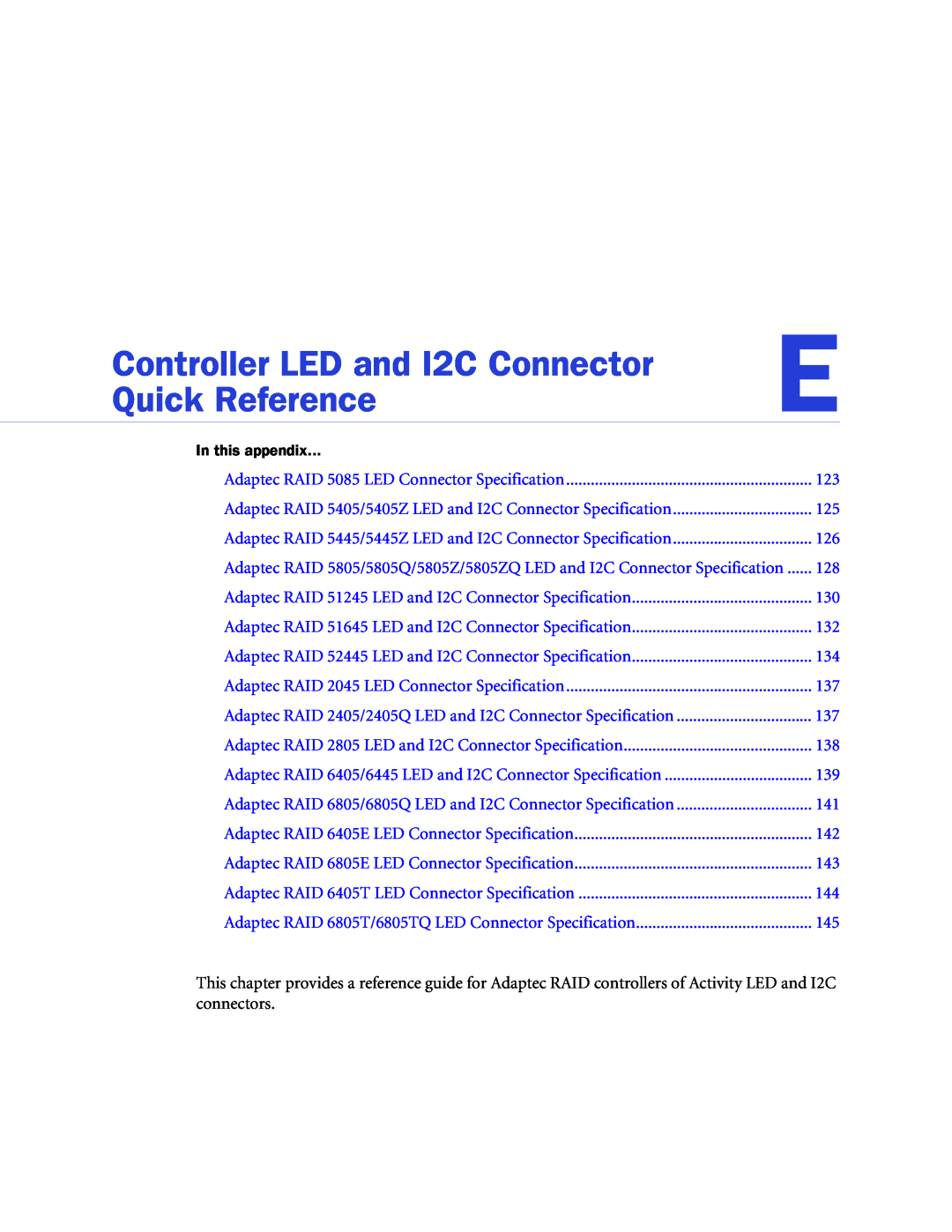 Adaptec 2268300R manual Controller LED and I2C Connector, Quick Reference 