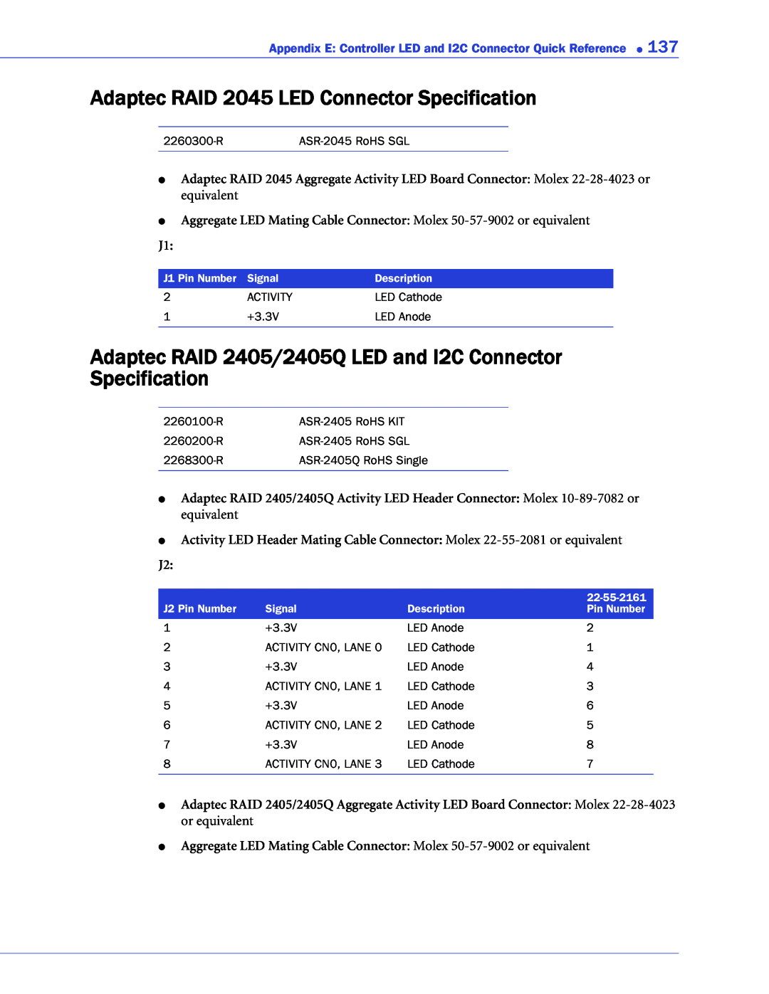 Adaptec 2268300R manual Adaptec RAID 2045 LED Connector Specification 