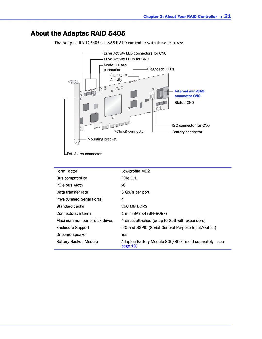 Adaptec 2268300R manual About the Adaptec RAID, The Adaptec RAID 5405 is a SAS RAID controller with these features, page 