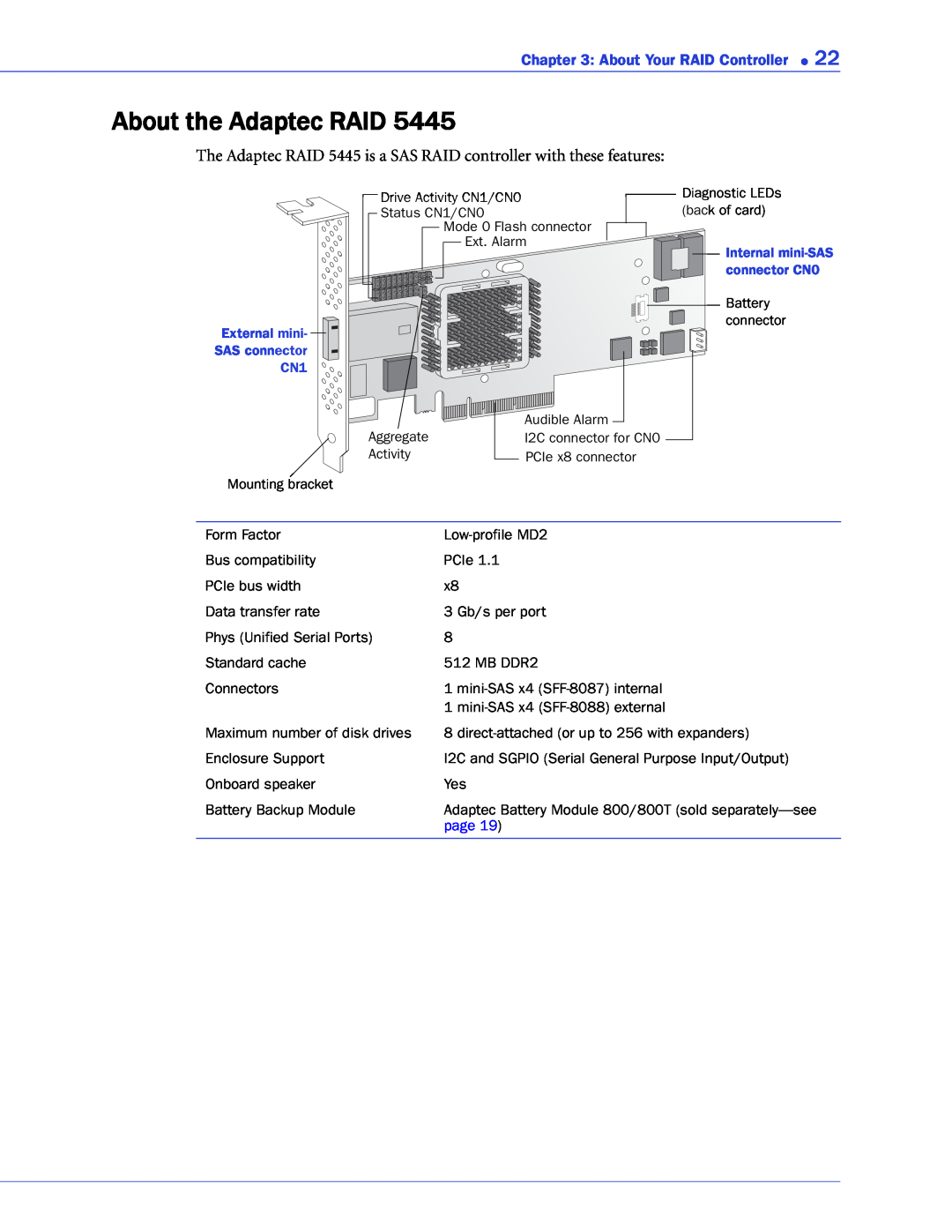 Adaptec 2268300R manual About the Adaptec RAID, The Adaptec RAID 5445 is a SAS RAID controller with these features, page 