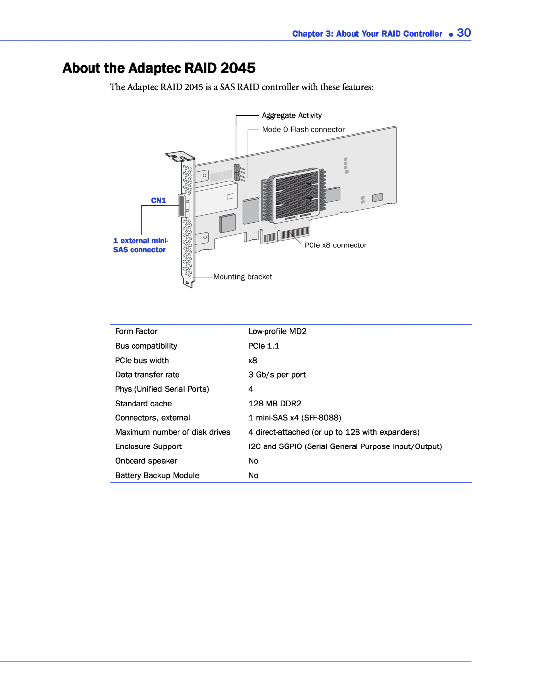 Adaptec 2268300R manual About the Adaptec RAID, The Adaptec RAID 2045 is a SAS RAID controller with these features 