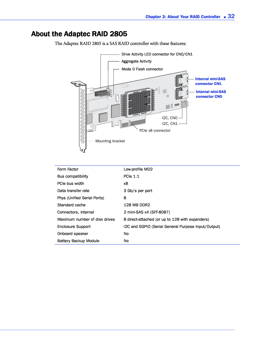 Adaptec 2268300R manual About the Adaptec RAID, The Adaptec RAID 2805 is a SAS RAID controller with these features 