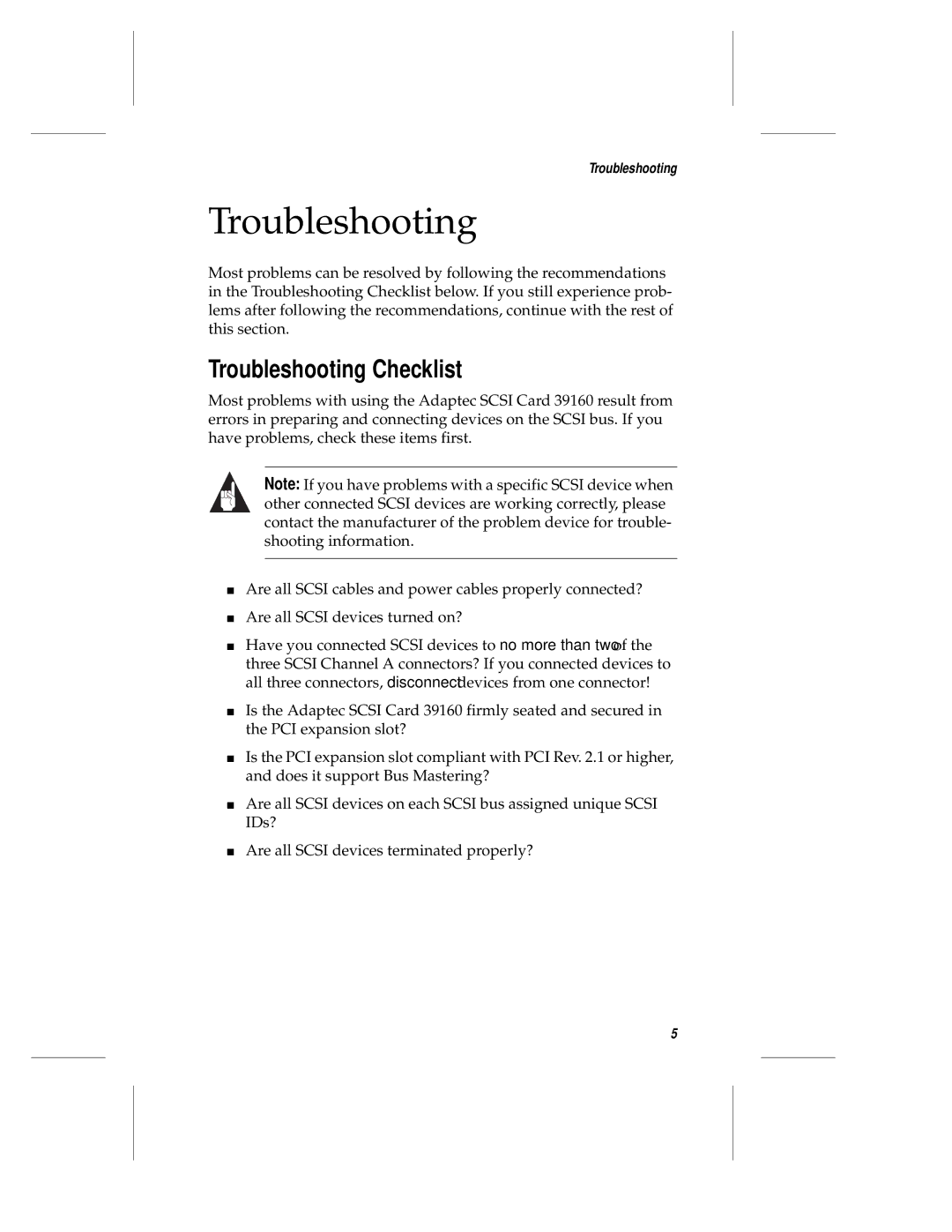 Adaptec 39106 manual Troubleshooting Checklist 