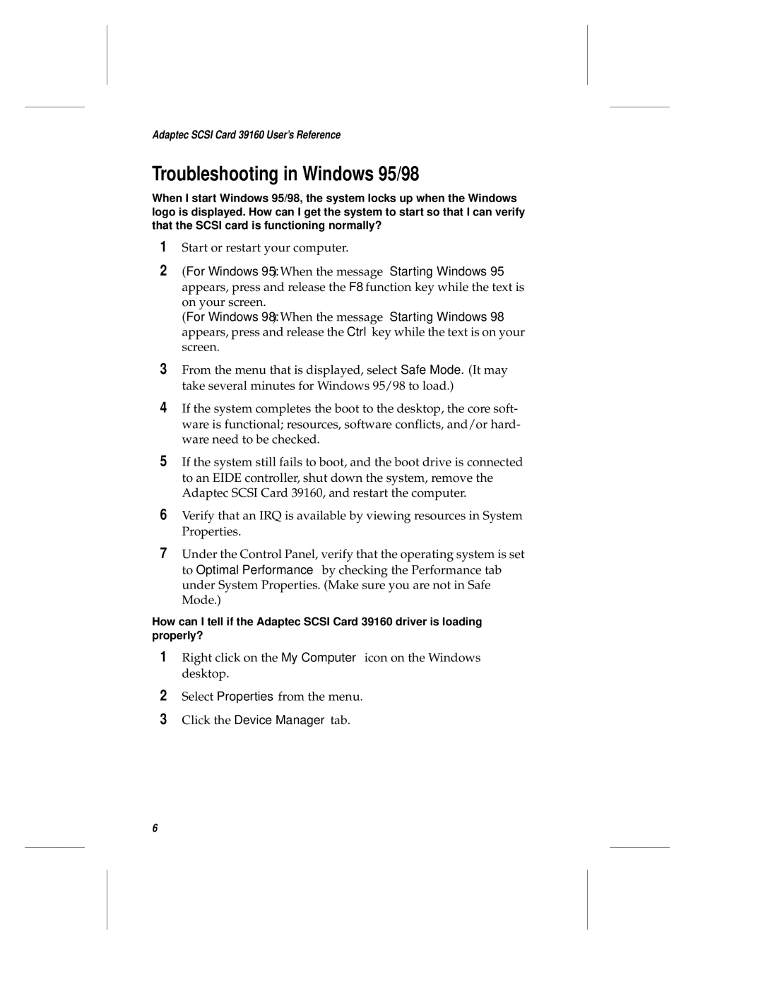 Adaptec 39106 manual Troubleshooting in Windows 95/98, Click the Device Manager tab 