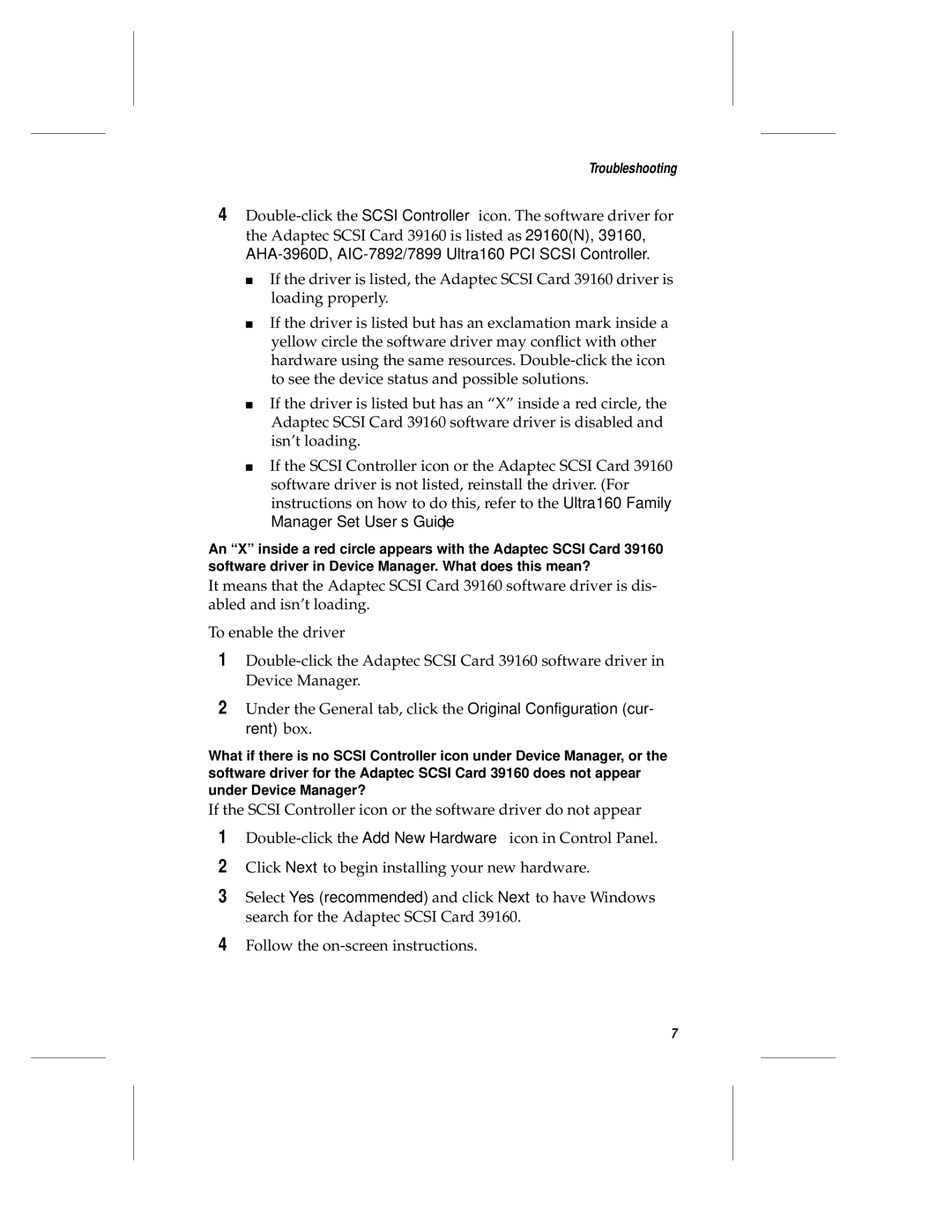 Adaptec 39106 manual Troubleshooting 