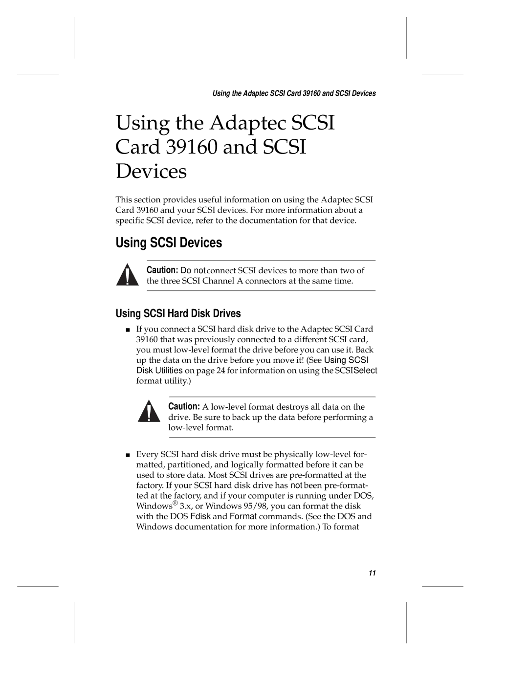 Adaptec 39106 manual Using Scsi Devices, Using Scsi Hard Disk Drives 