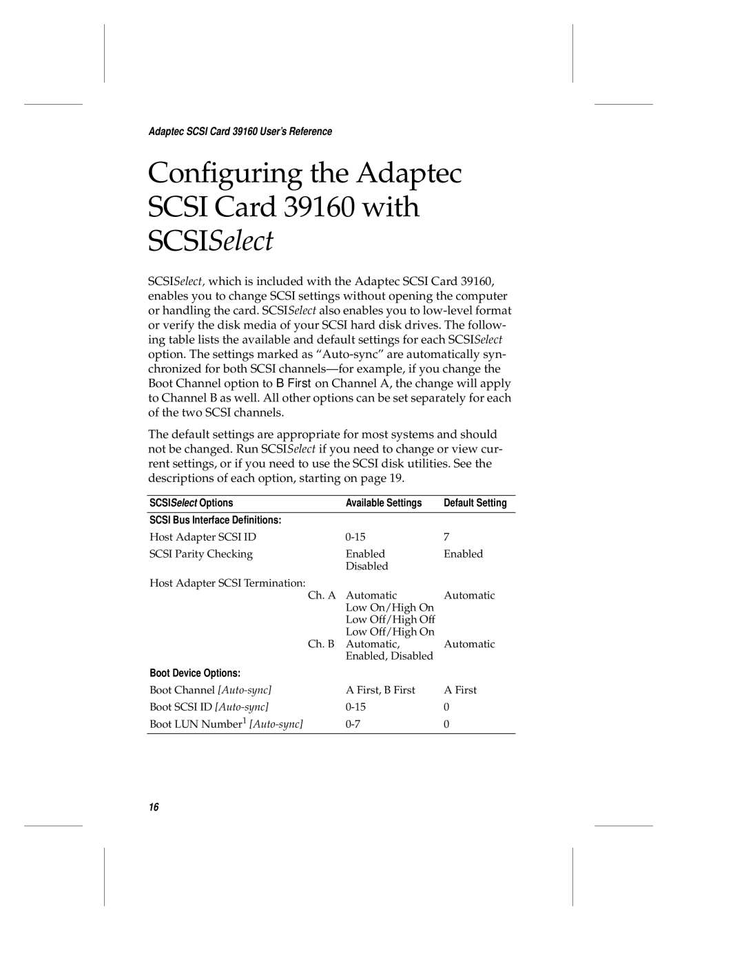 Adaptec 39106 manual SCSISelect Options Available Settings, Scsi Bus Interface Definitions, Boot Device Options 