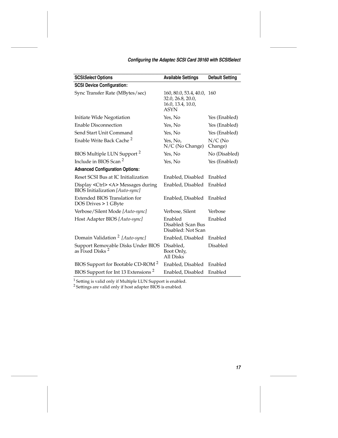 Adaptec 39106 manual Scsi Device Configuration, Advanced Configuration Options 