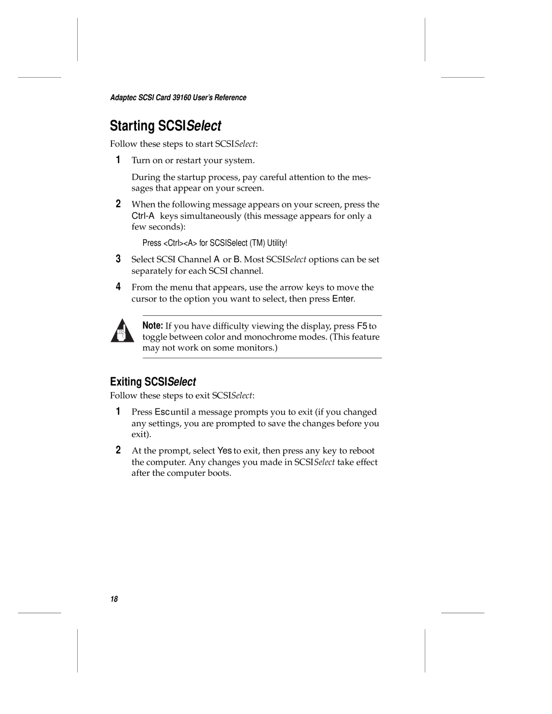 Adaptec 39106 manual Starting SCSISelect, Exiting SCSISelect 