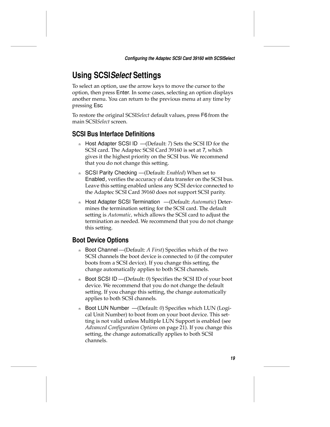 Adaptec 39106 manual Using SCSISelect Settings, Scsi Bus Interface Definitions, Boot Device Options 