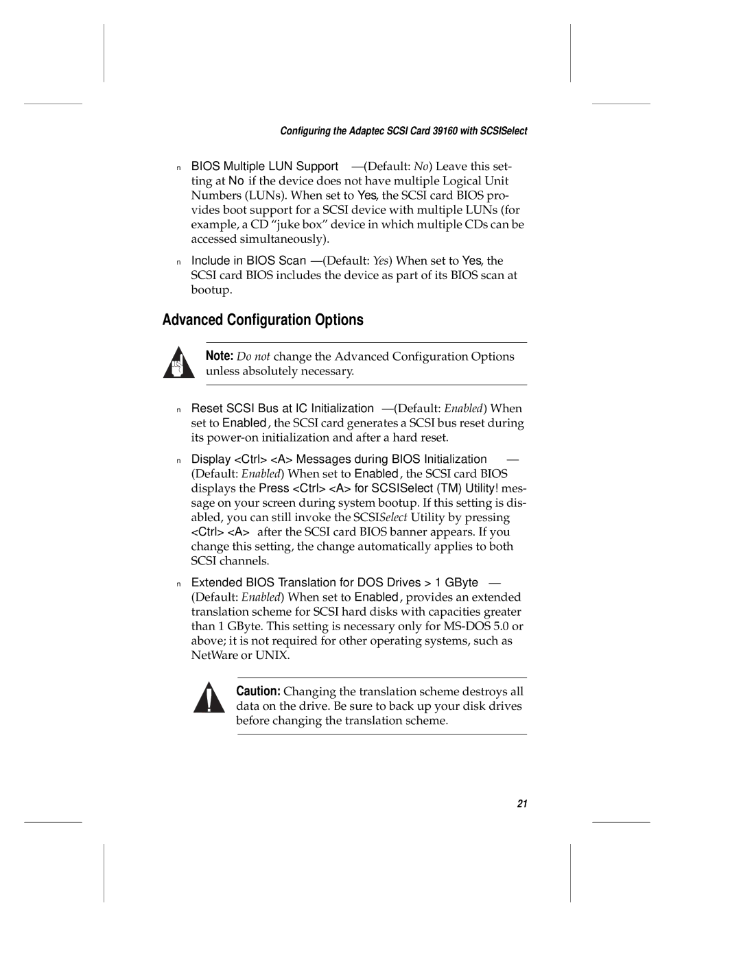 Adaptec 39106 manual Advanced Configuration Options 