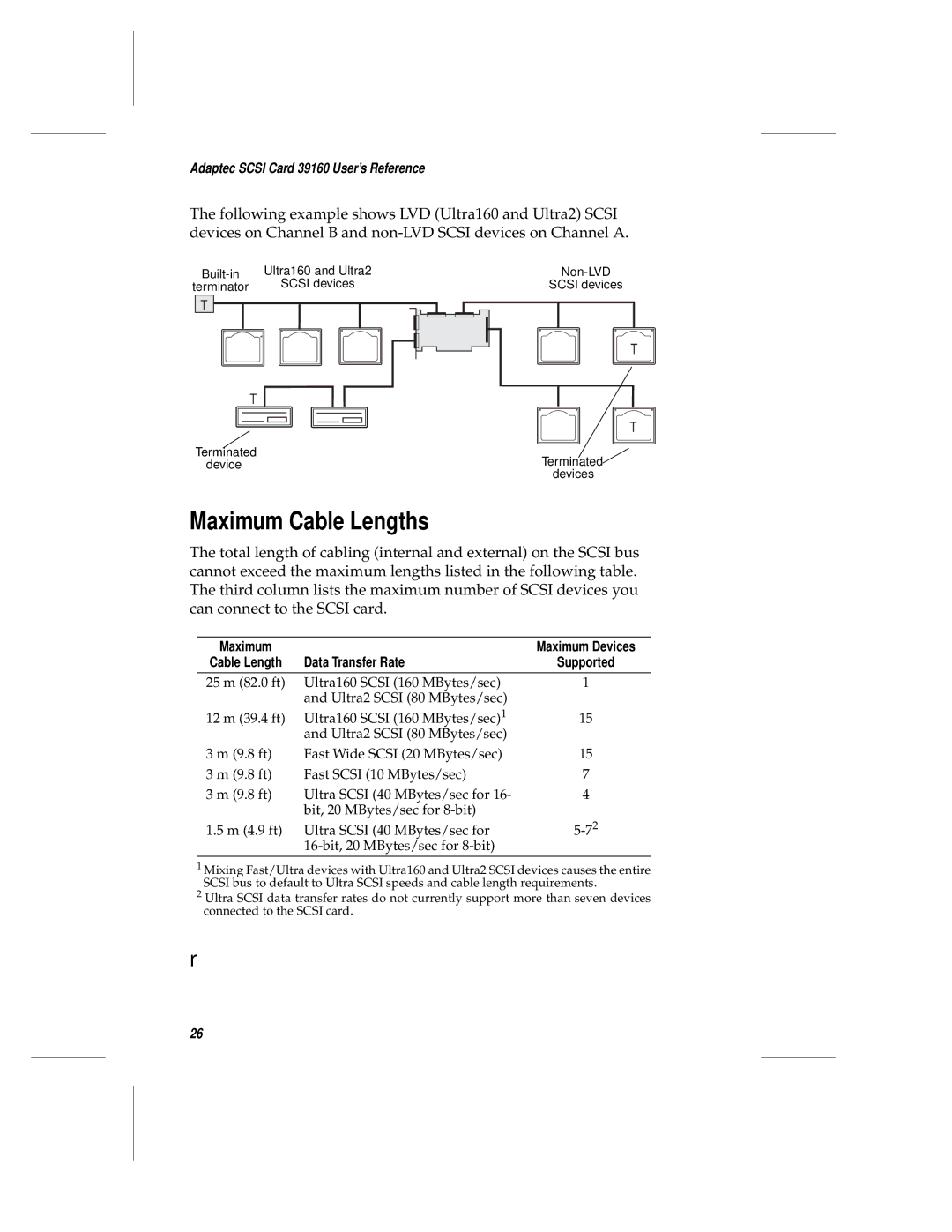 Adaptec 39106 manual Maximum Cable Lengths, Cable Length Data Transfer Rate 