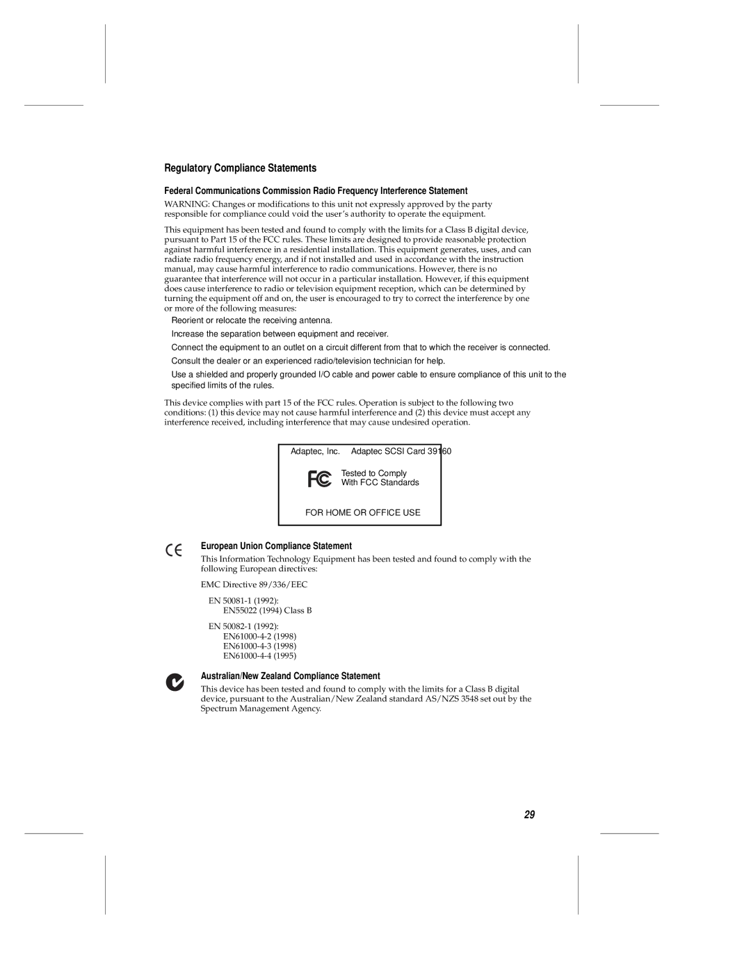 Adaptec 39106 manual Regulatory Compliance Statements, European Union Compliance Statement 