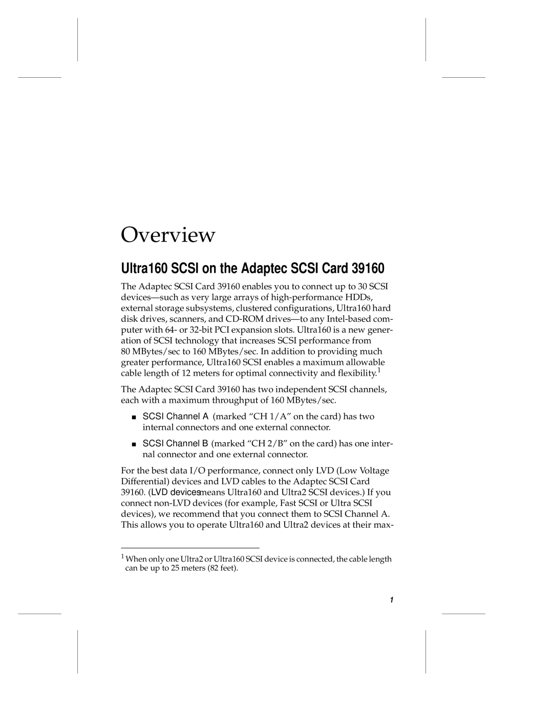 Adaptec 39106 manual Overview, Ultra160 Scsi on the Adaptec Scsi Card 