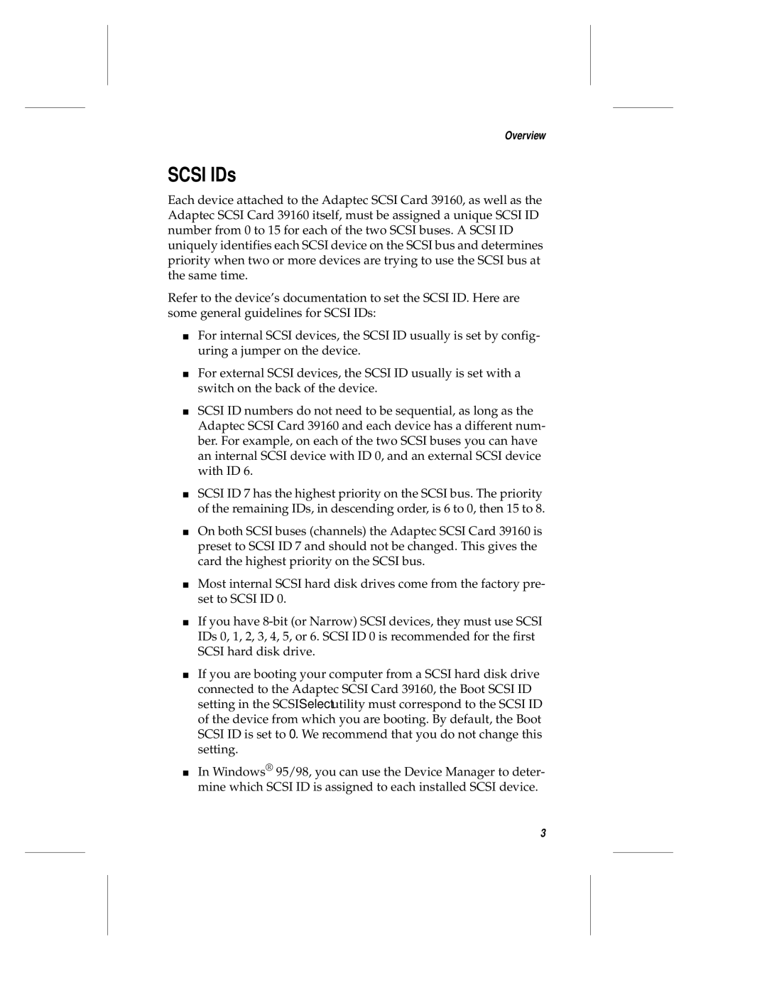 Adaptec 39106 manual Scsi IDs 